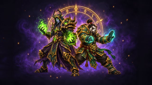 A warlock with fel fire and a monk with glowing jade fists in elite arena armour