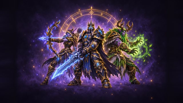 A death knight, a hunter and a druid standing back to back in elite arena armour