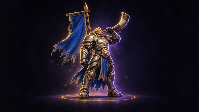 Human knight blowing a war horn in front of a war banner