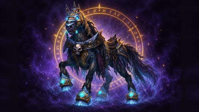 Invincible, the undead steed of Arthas in spiked saronite barding with icy blue hooves