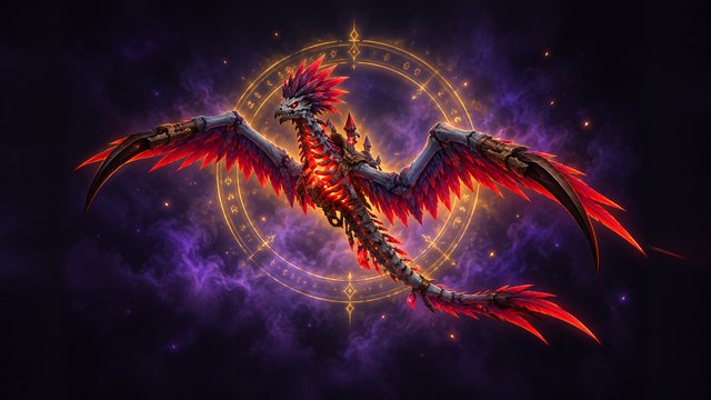Breath of Ruin, a charred bone dragon with crimson blade-like feathers