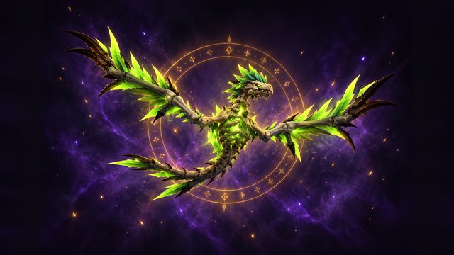 Breath of Blight, a skeletal bone dragon with toxic green feathers and glowing ribs