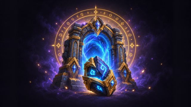 A Mythic Keystone resting before a carved dungeon portal swirling with blue light