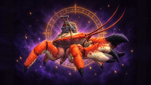 Snapback Scuttler, a giant orange-red crab with long antennae and a rope saddle