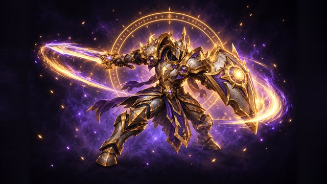 A gladiator in gold-trimmed elite armour spinning with a sword and a shield trailing light