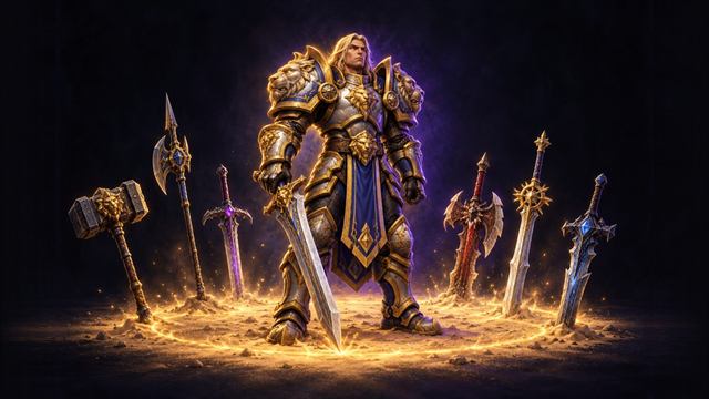 Lone duelist in an arena ringed by six weapons