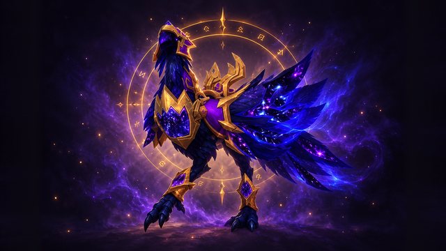 Starcursed Voidstrider, a strider bird with starry purple plumage and gold armour
