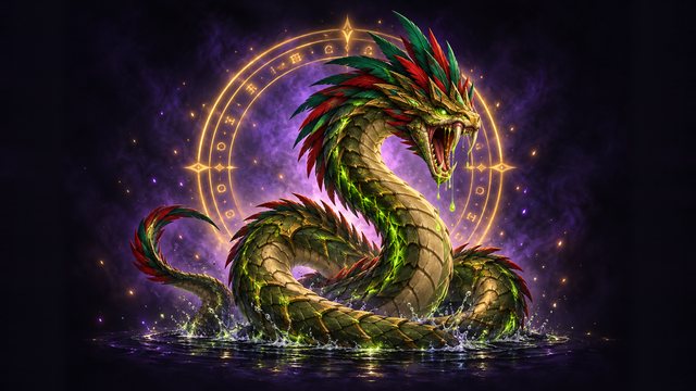 A giant olive-scaled serpent with an emerald and crimson crest rising from dark water