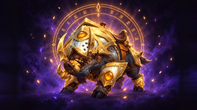 Vicious Lightbloom Boar, a war boar in white and gold armour with amber gems