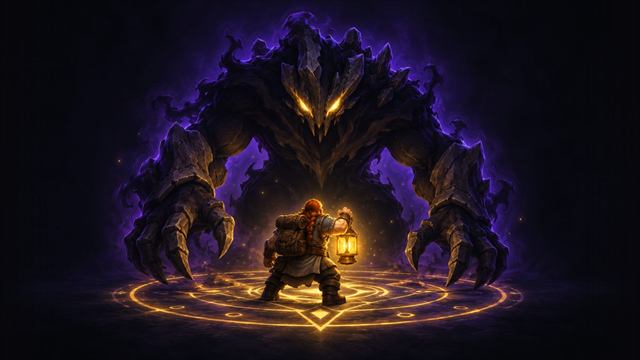 Delver with a lantern facing the delve nemesis Azta'rec