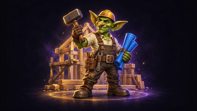 Goblin builder with blueprints in front of a half-built house