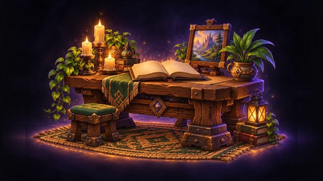 House interior corner with a table, candles, a book and plants