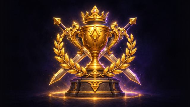 Arena champion's trophy with crossed swords and a crown