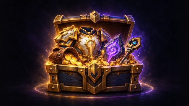Open chest with armor, a keystone, a delve key and gold coins