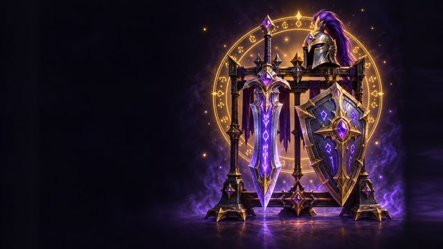 A weapon rack with a glowing two-handed sword, a rune shield and a crested helm