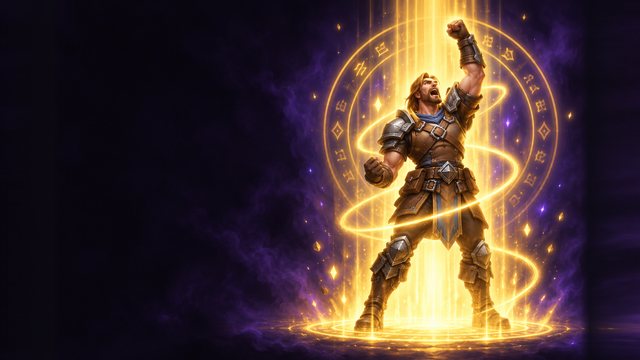 An adventurer raising a fist inside a column of golden level-up light