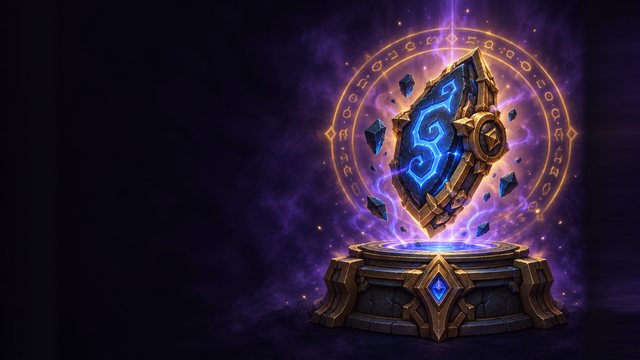 A Mythic Keystone with blazing blue runes hovering over a carved stone pedestal