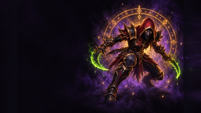 A hooded rogue gladiator in black and crimson leather lunging with two venom-green daggers